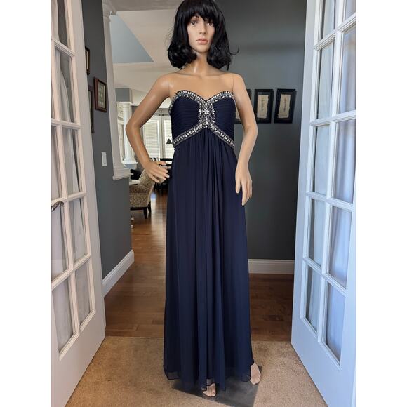 XSCAPE Navy Chiffon Jeweled Bodice Empire A-Line strapless Evening Gown 8 - Picture 8 of 16